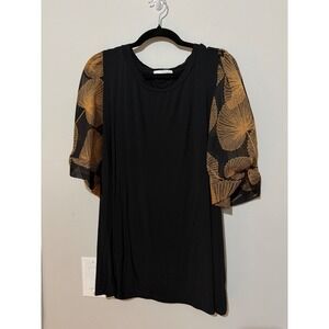 Beacon Apparel Black Sheer Leaf Print Puff Sleeve Top Plus Size 2X